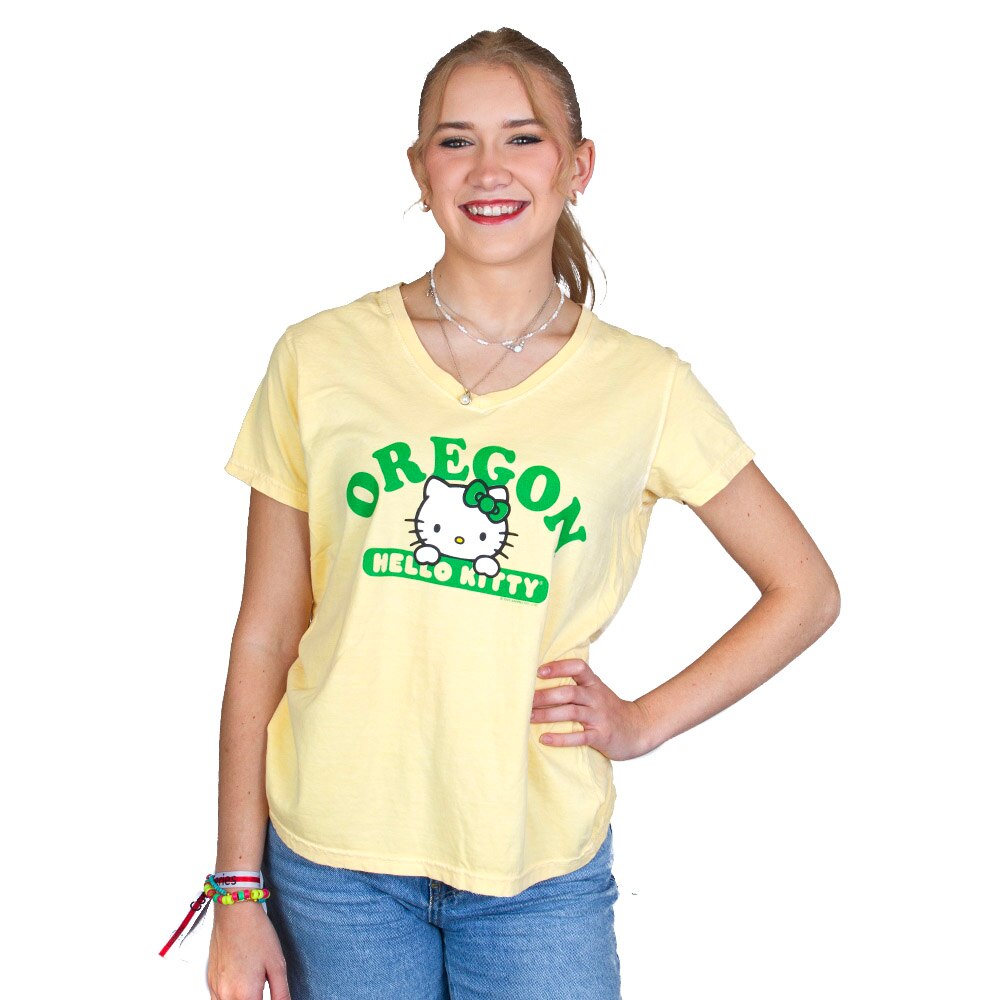 Arched Oregon, Blue 84, Yellow, V-Neck, Cotton, Women, Hello Kitty, T-Shirt, 964230